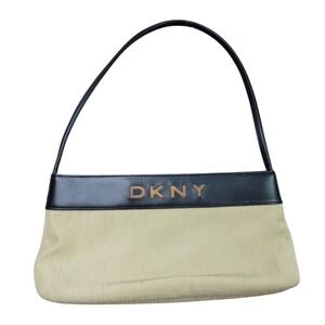 DKNY Vintage Baguette Shoulder Bag Khaki Canvas Black Leather Y2K Small Purse